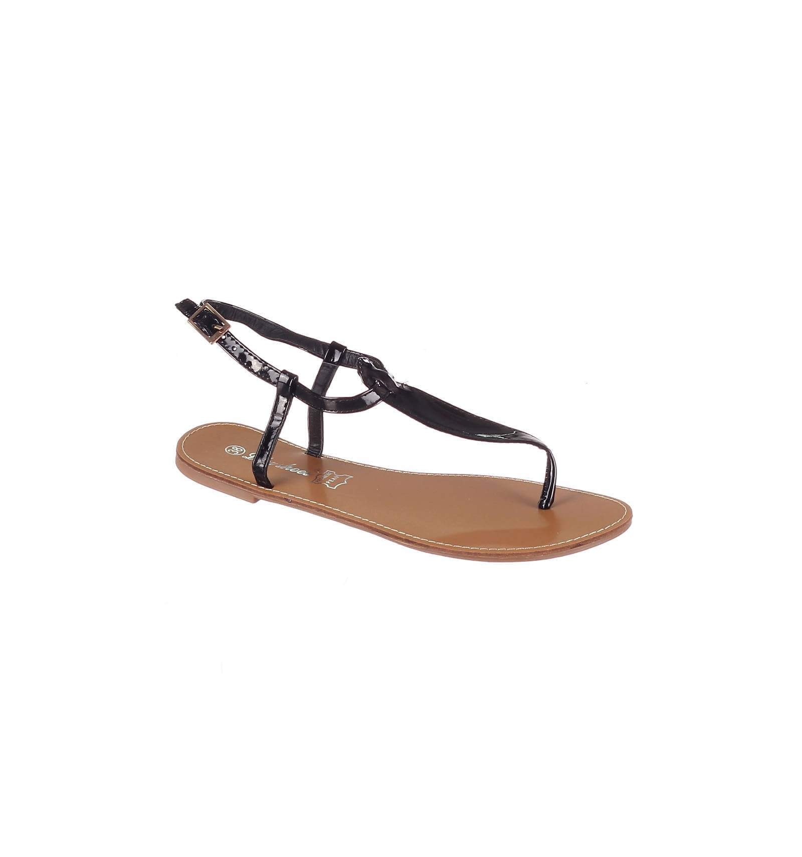 La sandale plate pour femmes coloris noir verni mod le Ibiza La sandale plate pour femmes coloris noir verni mod le Ibiza