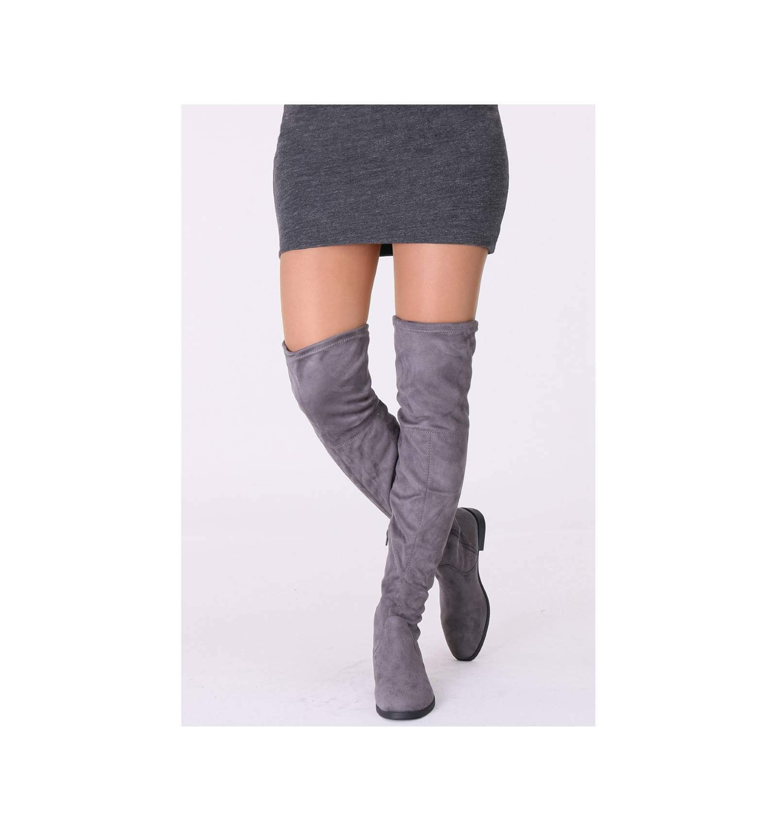 Botte cuissarde femme grises aspect daim bout rond avec zip Andrée