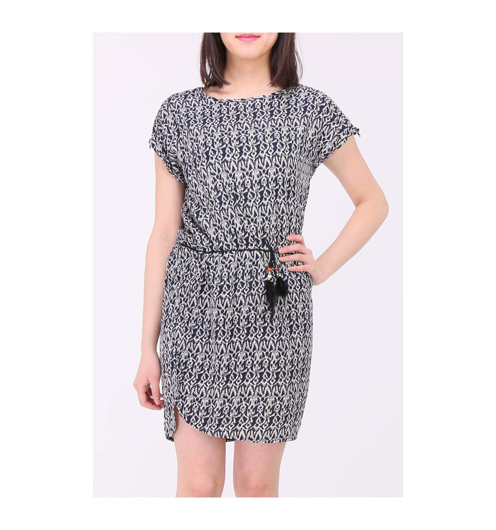 Robe d'été mini en viscose bleue marine avec fleurs beige ...