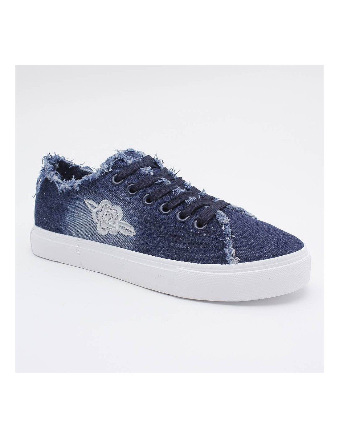 Basket femme en matière jean avec franges et lacet JOYCE