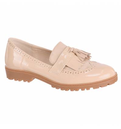 Derbies effet daim et simili cuir verni pour femme à franges beige QUEEN